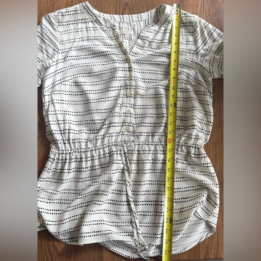 Talbots White Black Dot Print Blouse Size Small Peplum Waist Tie Lightweight Top - Picture 7 of 10